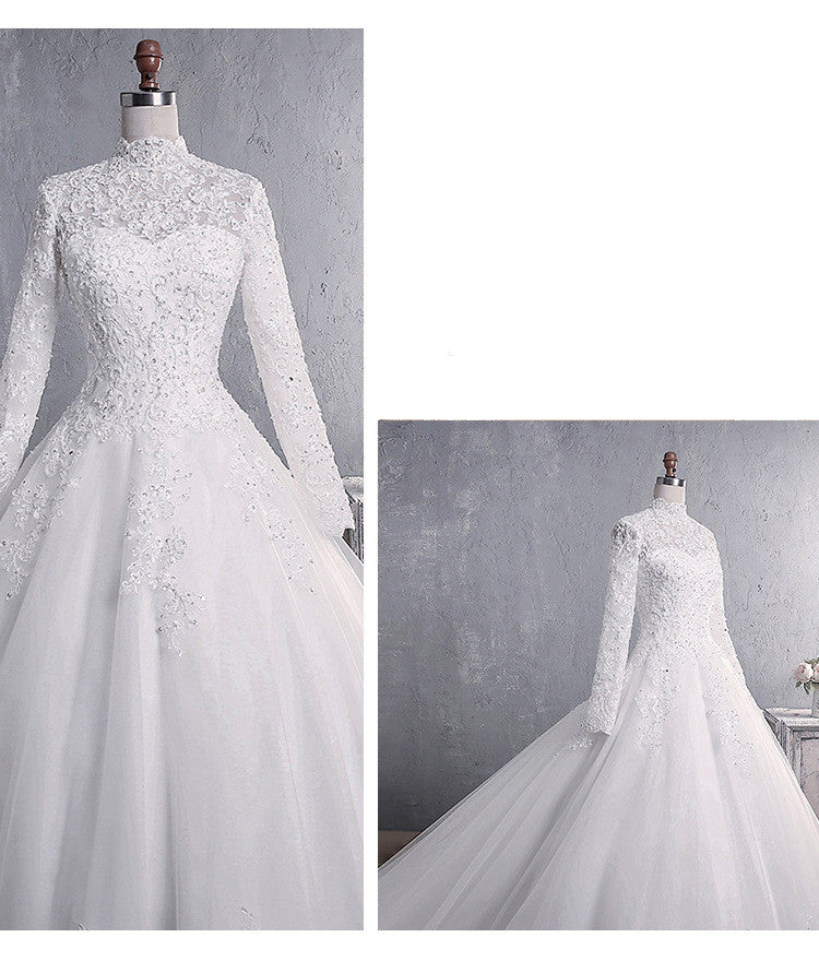 Krispfy.com Lace Wedding Dress Bridal Long-Sleeved Large Tail
