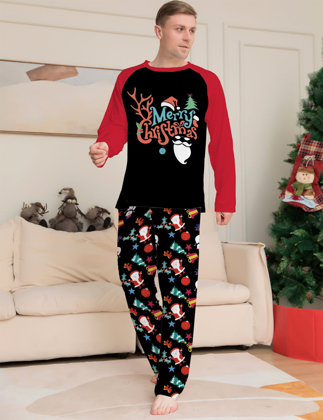Cartoon Printed Round Neck Long Sleeve Holiday Pajamas Parent-child Suit
