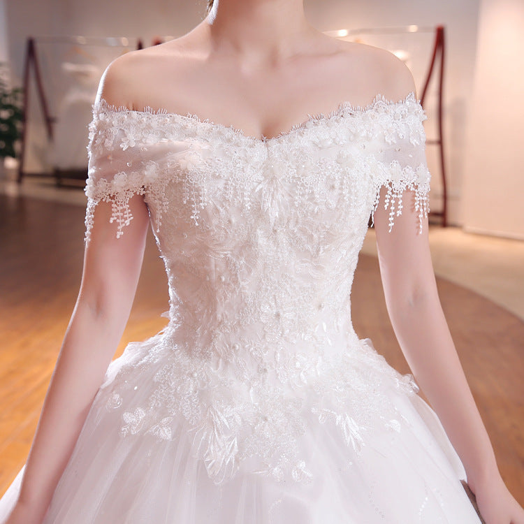 Krispfy.com Shoulder-To-Shoulder Wedding Dress Bridal Lace Plus Size Thin Shoulder Wedding Dress