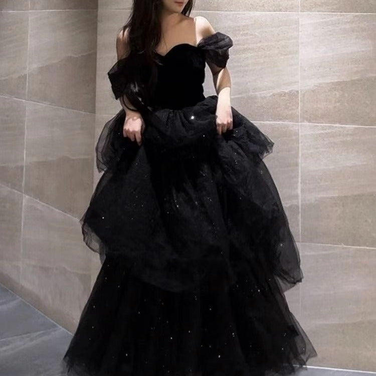 Krispfy.com Black Evening Dress Light Luxury Minority French Style Pettiskirt