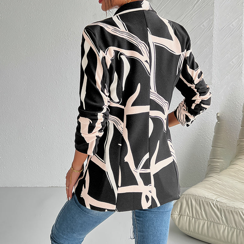 Women's Abstract Print Blazer Button Front Lapel Long Sleeve Office Blazer Elegant Work Jacket For Women