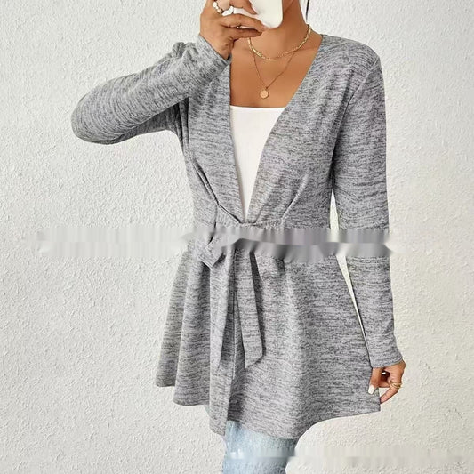 Solid Color Long Sleeve Lace Up Casual Loose Cardigan Top Women's Coat