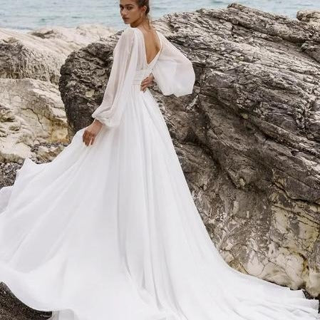 Krispfy.com European & American High Waist Plus Size Deep V Long Sleeve Mopping Backless Wedding Dress High Slit